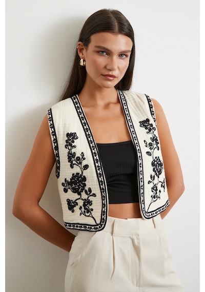 Never More Nakışlı Oversize Yelek Krem Krem