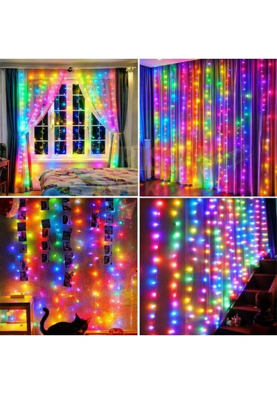 3x3 Metre 305 Led'li 8 Fonksiyonlu Kumandalı Gökkuşağı Perde Led Işık RGB