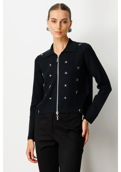On Fashion Kadın Polo Yaka Zımbalı Fermuarlı Siyah Hırka 65905 Siyah