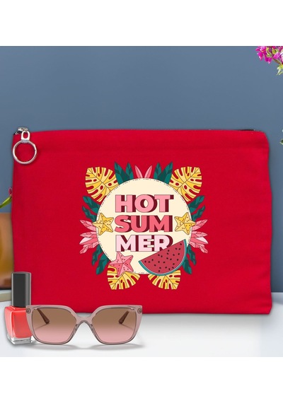 Bk Gift Yaz Temalı-8 Astarlı Kırmızı Portföy Çanta 30x21cm, Baskılı El Çantası, Organizer Çanta