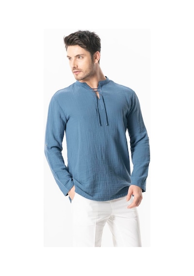 Uzun Kol Doruk V Yaka Bağcıklı Müslin Erkek Yazlık Tshirt İndigo İndg Indigo
