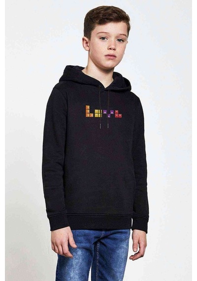 Tshirthane Tetris Love In Tetris Baskılı Unisex Çocuk Kapüşonlu Siyah Sweat Siyah