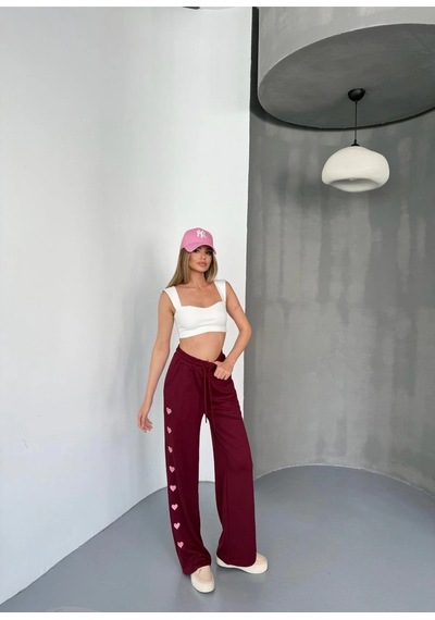 Kadın Osy Modal Yumuşak Dokulu Nakışlı Rahat Bol Paça Eşofman Pantolon - Bordo