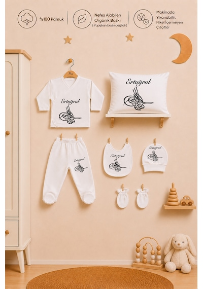 Pia Baby Erkek Bebek 6'lı Zıbın Seti %100 Pamuk İsme Özel Organik Baskı Yastık Kılıfı Hediyelik Set 2057yz0x Ekru