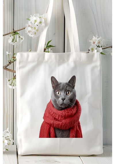 Art Hediye Mavi Rus Kedisi Kedi Kişiye Özel Baskılı Bez Çanta Omuz Çantası Desen 2 Çok Renkli