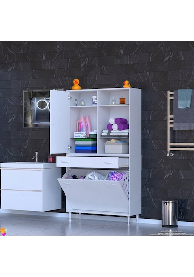 Modilayn Afra 90x173x32,5cm 1 Çekmece, 3 Göz Sepet, 1 Kapak, 6 Raf Dar Alan Banyo Dolabı Beyaz Modilayn Afra 90x173x32,5cm 1 Çekmece, 3 Göz Sepet, 1 Kapak, 6 Raf Dar Alan Banyo Dolabı Beyaz