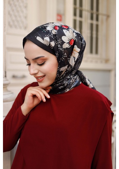 Mimiyum Papatya Desen Nayf İpek Şal Siyah
