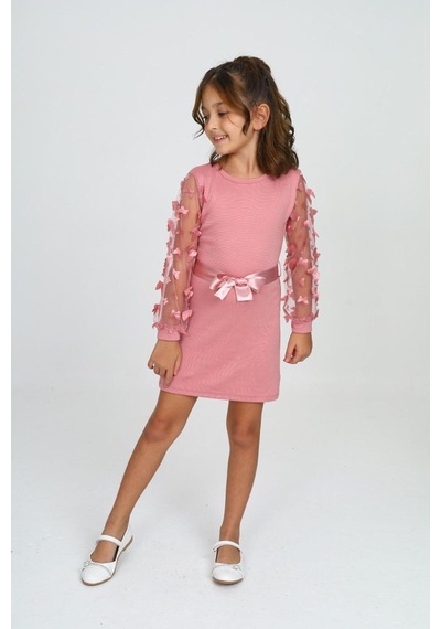 Belden Bağlamalı Tül Detaylı Çocuk Elbise Mykids Collection Pembe
