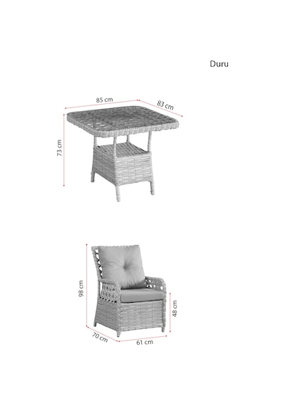 Duru 2 Kişilik Rattan Bahçe Balkon Mutfak Masa Takımı Gri