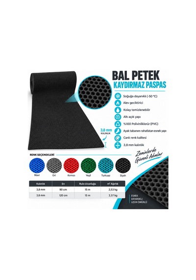 Hortumtech Bal Petek Paspas Kaydırmaz Pvc Islak Zemin Duş Havuz Su Tahliyesi 4 Mm - Siyah 120 X 550 Cm