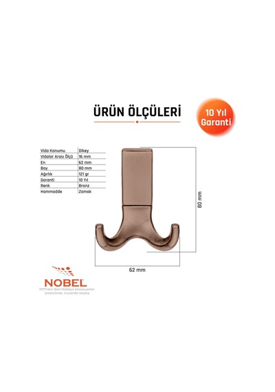 Best Lüks Askı, Metal, Vestiyer Askı, 121 Gr, Dolap Askılık, Duvar Askılığı, Bronz Vidalı 5 Adet