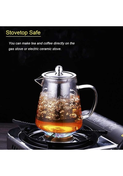Qerhome Borosilikat Cam Çelik Süzgeçli Ve Kapaklı Oval Tasarım Lüks Çay & Kahve Demliği 750 Ml Şeffaf