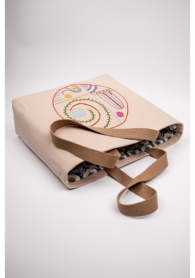 Fabric Craft Bag Omuz Çantası Duck Kumaş Patchwork Sashiko El İşlemeli Günlük Çanta 44x34 Cm Sütlü Kahve