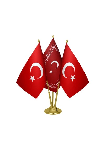 Masa Üstü Ayetli Osmanlı Bayrağı Türk Bayrağı Üçlü Pirinç Direk M