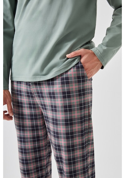 Erkek Pamuklu Uzun Kollu Yamalı Ekose Desenli Pijama Takımı Ko60104 Yeşil