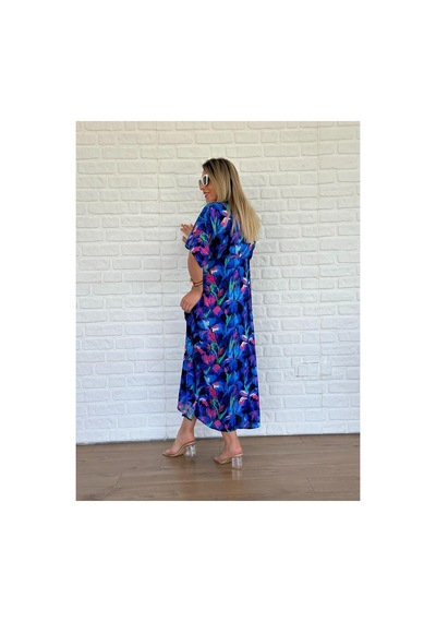 Asur Boutique Asur Butik Kadın Çiçek Desenli Renkli Viskon Kumaş Yırtmaçlı Elbise Mor