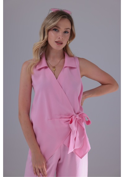 Eseclass Yandan Bağlamalı Kruvaze Model Tencel Gömlek Pembe Pembe