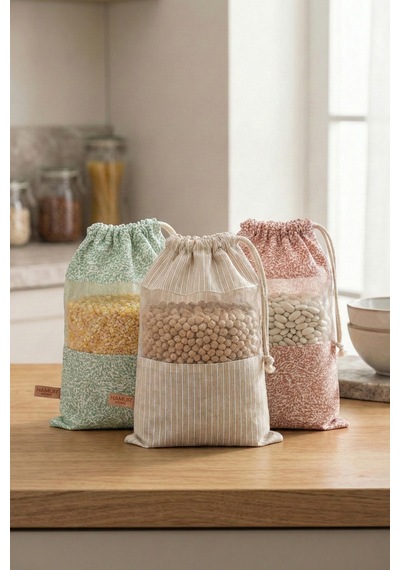 3 Adet Bakliyat Kesesi Orta Boy 20x28 Erzak Kuru Gıda Saklama Kabı Torbası Fileli Bez Soft-Set 101