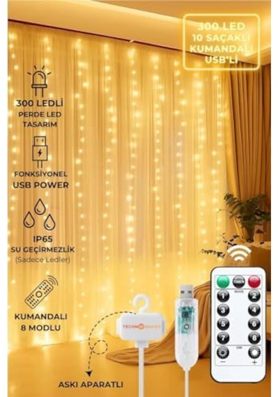 3x3 Metre Perde Led Işık, 300 Ledli 10 Sarkıtlı Dekoratif Peri Led, Uzaktan Kumandalı Ve 8 Fonksiyonlu, Usb Girişli Günışığı Sarı Duvar Ve Perde Aydınlatması Enerji Sınıfı A