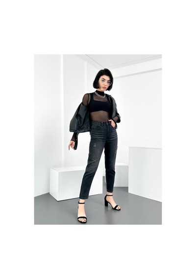 HLT Jeans Kadın Siyah Yıpratma Mom Yüksek Bel Jean Kot Pantolon Anna-syhypt
