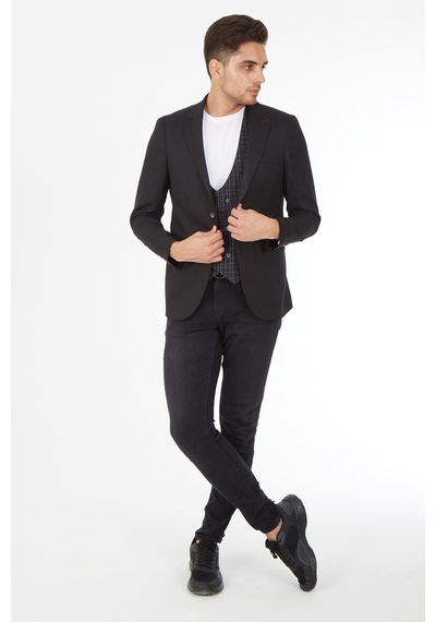 Sposo 5139 Ekose Yelekli Dar Kalıp Siyah Erkek Blazer Ceket Siyah