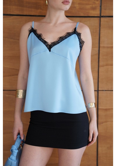Verymoda Dantel Detaylı Saten Atlet - D2929 Mavi