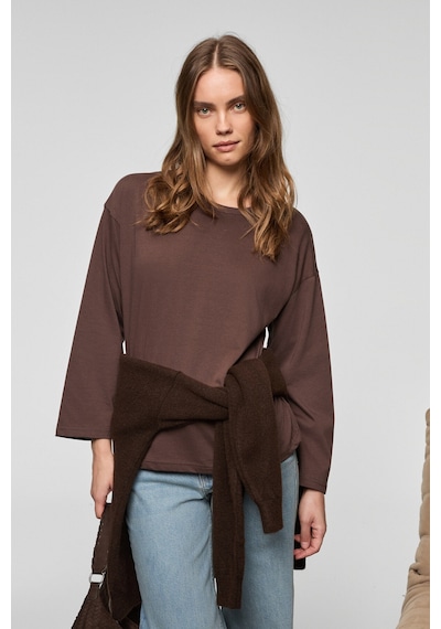 Grımelange Basıl Kadını Oversize %100 Organik Pamuk Örme Uzun Kol Koyu Kahverengi T-shirt Koyu Kahverengi