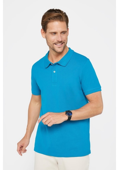 Tudors Erkek Slim Fit Dar Kesim %100 Pamuk Düz Pike Mavi Polo Yaka Tişört-30574 Mavi