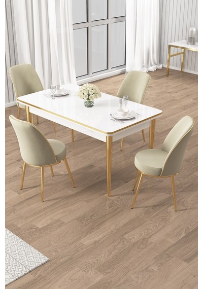 Canisa Rewa Serisi 70x110 Sabit Beyaz Gold Detay Masa Takımı Ve 4 Krem Sandalye Masa Beyaz Sandalye Krem Ayak Gold Canisa Rewa Serisi 70x110 Sabit Beyaz Gold Detay Masa Takımı Ve 4 Krem Sandalye Masa Beyaz Sandalye Krem Ayak Gold