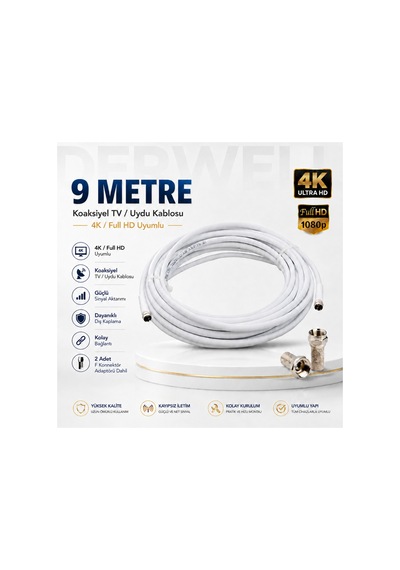 9 Metre 4k Full Hd Koaksiyel Tv Uydu Anten Kablosu Seti - Güçlü Sinyal Aktarımlı Dayanıklı Televizyon Kablosu - Lnb Alıcı Uyumlu Yüksek Kalite Beyaz