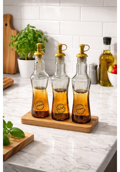 Ahşap Standlı 3 Lü Cam Yağdanlık Seti 250 Ml Zeytinyağı Sirkelik Limonluk Balsamic Şişe Şeffaf