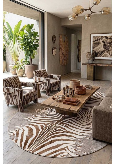 Frenda Home Zebra Desen Pamuk Taban Baskılı Oval Halı Bej