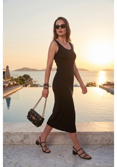 Lela Slim Fit Kalın Askılı Midi Bayan Elbise 5866154 Siyah