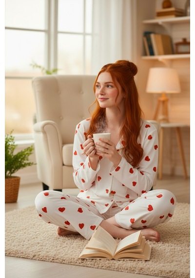 Süet Gömlek Pijama Takımı 7101 Kalpli Kırmızı Beyaz