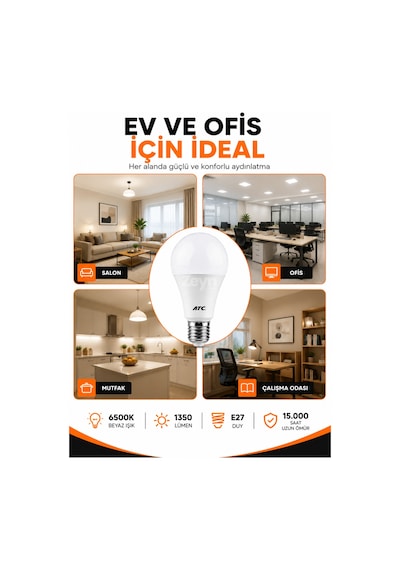 Atc 15w Led Ampul 10'lu Paket E27 Beyaz Işık 6500k 1350 Lümen Tasarruflu Led Ampul