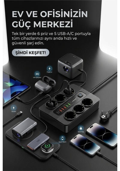 Termal Akım Korumalı 3000w 6 Lı Priz 2m Kablo 5 Usb + 1 Type-c Pd Hızlı Şarj - 936827116