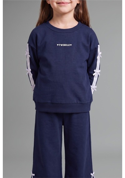 Defacto %100 Pamuk Fiyonk Detaylı Baskılı Basic Sweatshirt Üst Geniş Kesim Alt 2li Takım Kız Bebek I3660a526aunv247 Lacivert-nv247