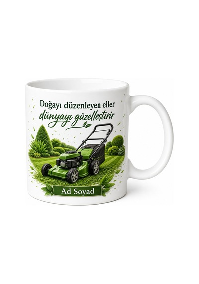 İsimli Peyzajcı Kupası Çim Biçme Desenli Peyzaj Hediye Bardak Kupa Beyaz / Çok Renkli