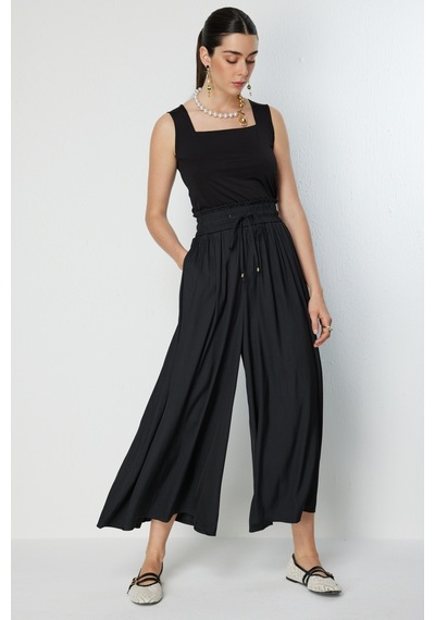 On Kadın Beli Lastikli Geniş Paça Pantolon 70136 Black Siyah