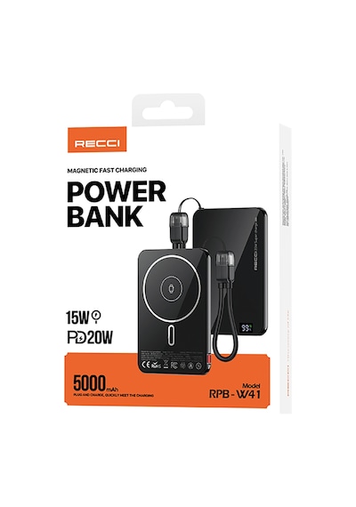 Recci Rpb-w41 Pd 20w Ultra İnce Hızlı Şarj Özellikli Type-c Kablolu Powerbank 15w 5000mah Siyah Siyah