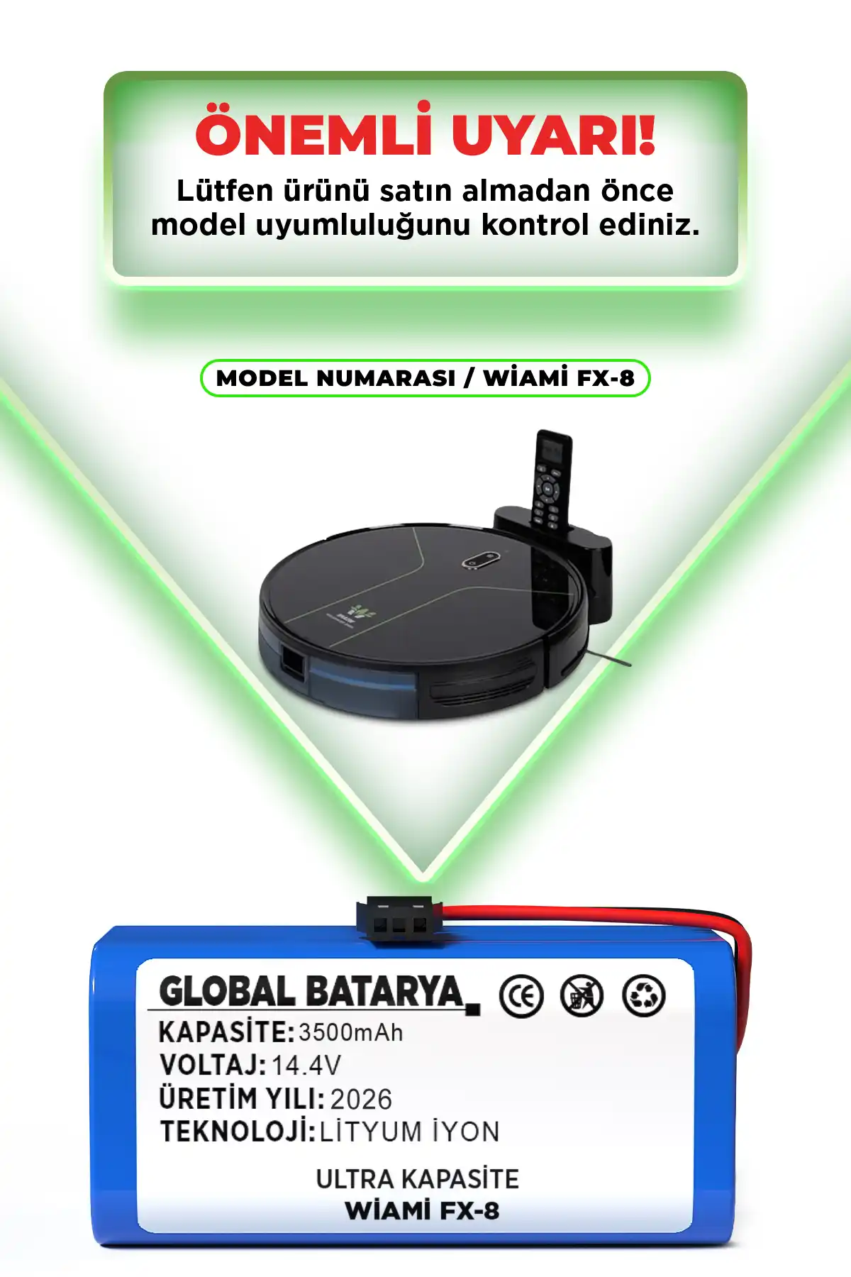 Wiami Fx-8 Uyumlu Robot Süpürge Bataryası 14.4v 3500mah Li-ion Pil Ultra Kapasite