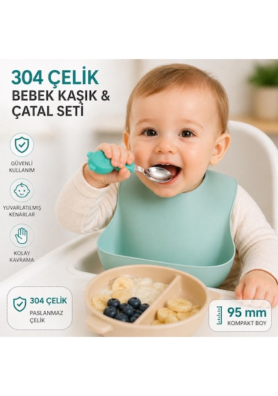 Valkyrie 304 Çelik Panda Bebek Kaşık Çatal Setisilikon Saplı Bpa İçermez Ergonomik Kaymaz Yeşil