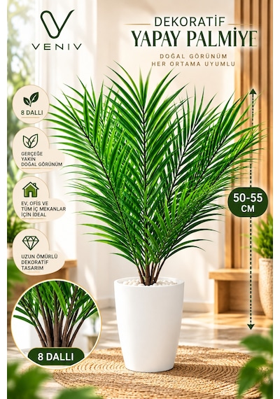 Dekoratif Yapay Palmiye 50-55 Cm 8 Dallı Şık Saksılı Yapay Bitki Diğer