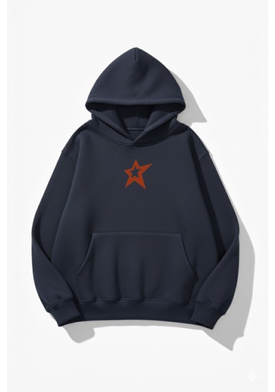 Uyguntarz Unisex Yumuşak Dokulu Kırmızı Yıldız Baskılı Tasarım Oversize 3 İplik Hoodie Sweatshirt Indigo