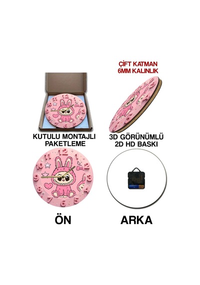 Sevimli Tavşan Kostümlü Çocuk Temalı 3d Görünümlü Mdf Duvar Saati - 33 Cm Sdw343 Renkli