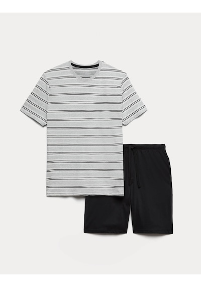 Marks & Spencer Saf Pamuklu Çizgili Pijama Takımı T07000090 Gri