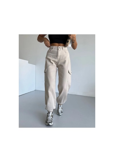 Kene Jeans Yüksek Bel Taş Paça Lastik Kargo Cepketen Mom Pantolon Taş