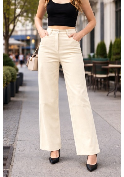 Gugus Kadın Trend Süet Palazzo Pantolon Wide Leg Ekru