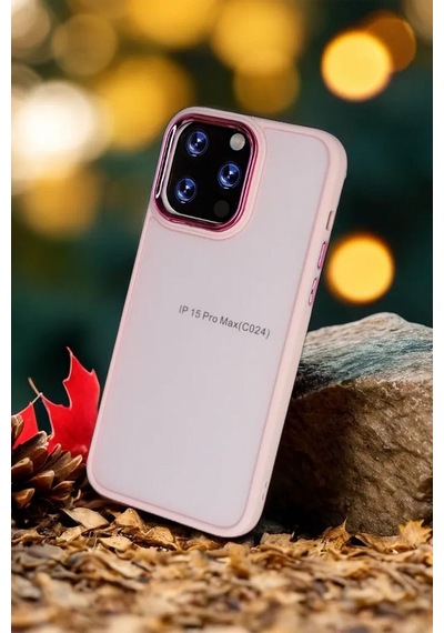 Fibaks iPhone 15 Pro Uyumlu Kılıf Metal Çerçeve Hassas Butonlu Renkli Buzlu Şeffaf Transparan Kapak Pembe