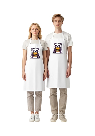 Unisex Mutfak Aşçı Önlüğü Burger Tutan Panda Karikatür Baskılı Ra Beyaz